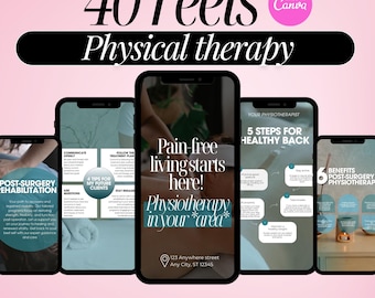 May include: A digital marketing graphic promoting physiotherapy services. The image shows several smartphone screens displaying information about physiotherapy, including post-surgery rehabilitation and healthy back tips. The text includes "40 reels" and "Physical therapy."