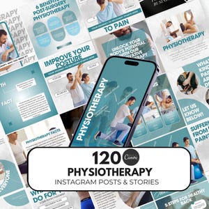 Könnte beinhalten: Eine Sammlung von 120 Instagram-Posts und -Stories zum Thema Physiotherapie, mit Informationen zu Themen wie Nachsorge nach Operationen, Verbesserung der Körperhaltung und Schmerzmanagement. Blau-weißes Design.