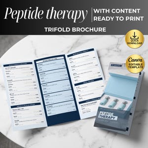 Könnte beinhalten: Eine dreifach gefaltete Broschüre mit dem Titel Peptide Therapy und druckfertigem Inhalt. Das Dokument enthält Abschnitte zu Muskelaufbau, Stoffwechsel, Gehirngesundheit, sexuellem Wohlbefinden und Schlaf. Enthält eine bearbeitbare Canva-Vorlage.
