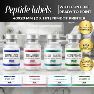 May include: Image of peptide labels with the text "Peptide labels" and "With content ready to print". The labels are for 40x20 mm (2 x 1 in) and include the text "Semaglutide", "Tesamorelin", "CJC-1295 | Ipamorelin", and "Kisspeptin-10".