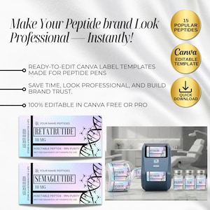 Peptide Label Template, retatrutide Printable Label for Peptide Therapy Canva, peptide vial label , peptide marketing, nimbot template canva