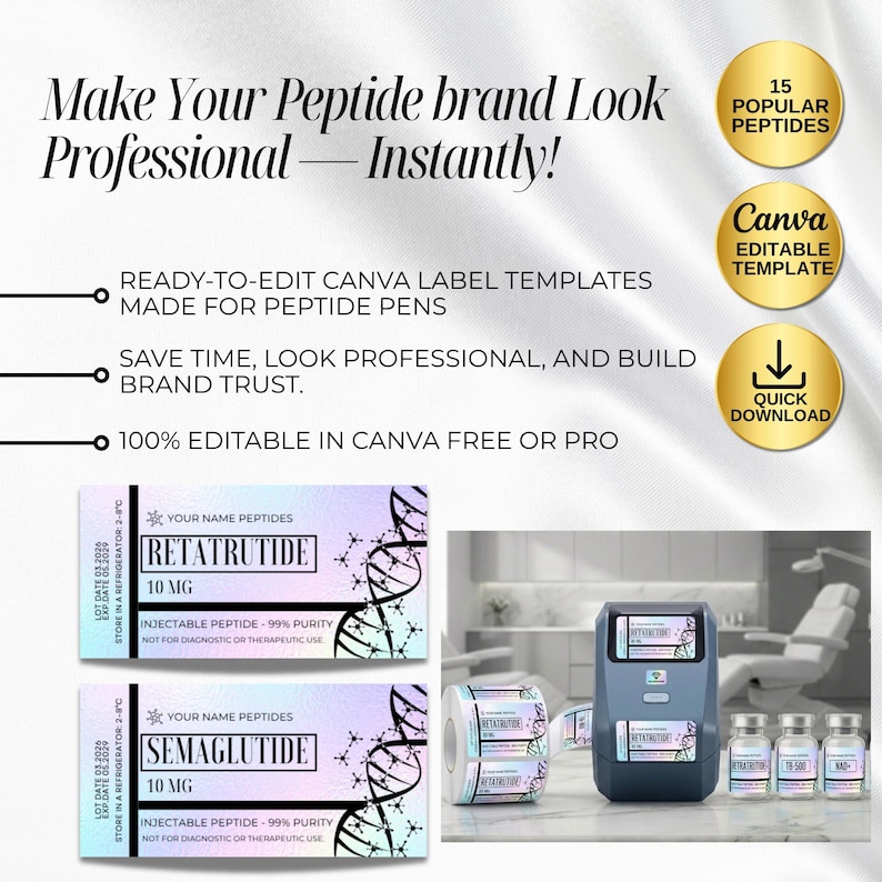 Peptide Label Template, retatrutide Printable Label for Peptide Therapy Canva, peptide vial label , peptide marketing, nimbot template canva