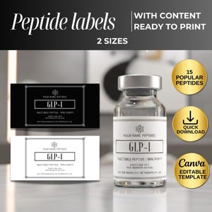 May include: Image of peptide labels with the text "Peptide labels" and "2 sizes". The image includes a vial with a label that reads "GLP-1 Injectable Peptide - 99% Purity". Also included are two label designs and gold circular icons.