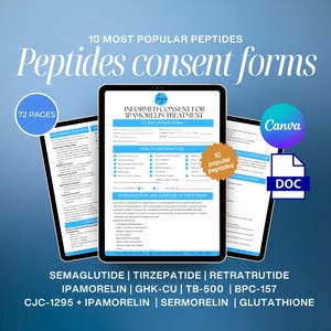 Puede incluir: Un gráfico digital con el texto "10 Most Popular Peptides" y "Peptides consent forms". La imagen incluye una tableta que muestra un formulario de consentimiento, un logotipo de "Canva" y un icono de archivo "DOC". La parte inferior enumera los nombres de los péptidos.