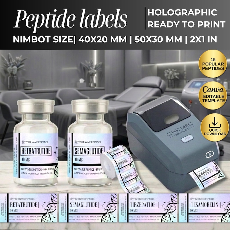 Peptide Label Template, retatrutide Printable Label for Peptide Therapy Canva, peptide vial label , peptide marketing, nimbot template canva