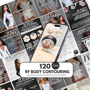 Puede incluir: Imagen promocional para el contorno corporal por RF, con un teléfono inteligente que muestra un dispositivo de tratamiento. Alrededor del teléfono hay varios materiales promocionales con texto como "RF Body Contouring".