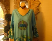 Hippie, Peace Sign Top, Upcycle Tunic, Turquoise Lagenlook Tunic, Floral Tunic, Bell Flare Sleeves, Sz Large.