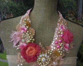 Shabby Necklace, Embroidered Beaded Necklace, Art to Wear, Shades of Pink.