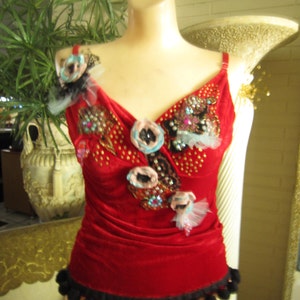 Red Velvet Upcycled Top, Wearable Art, Bohemian girl, Shabby Chic, Romantic Embellished Top,