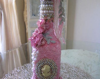 Cameo Shabby Chic, Decorative Embellished Painted Bottle, Whimsy Home Decor, Pink fairytale Bottle.