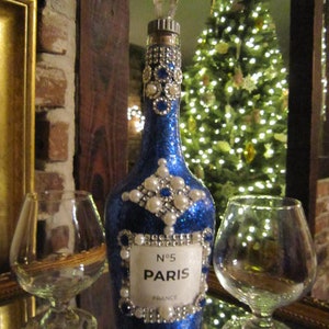 Glam Royal Blue PARIS Bottle, Decorative Bling Bottle,  Glam Bling Decor, Glitter Bottle.