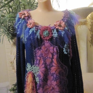 Crochet Blue Sweater, Art to Wear, Shabby Chic, Boho,  Fantasy, Fairy ,  Romantic.