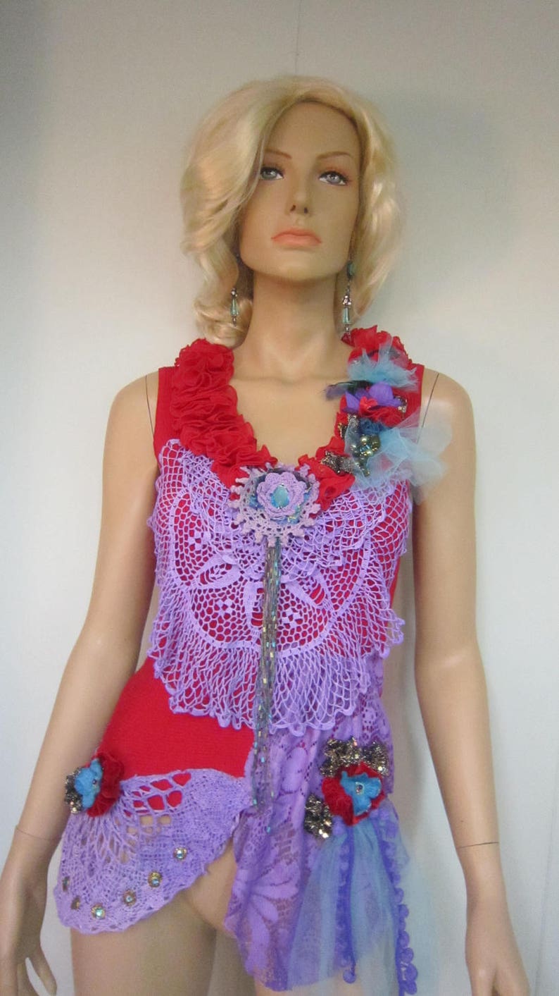 Unique Red Top Gypsy Vibrant Colors, Crochet Lace Art to Wear Rib Top Sequin Romantic Whimsy Top