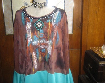 Upcycle Tunic Top, Bell Sleeves, Hand Painted, Art to Wear, Plus Size 3X.