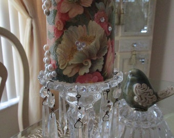 Flameless Shabby Chic Candle, Led Pillar Candle, Floral Decorative Candle,