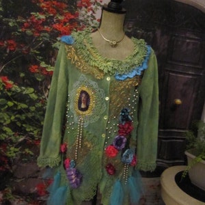 Green Cardi, Beaded, Lace, Embellished Top, Sz Small.