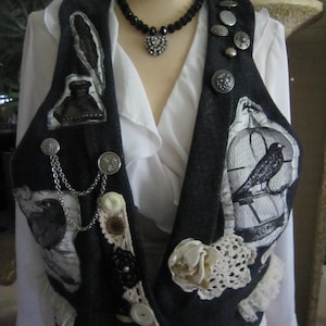 Upcycled Steampunk Vest, Fly Away, Birds, Cross , Lace, Buttons, Chain.