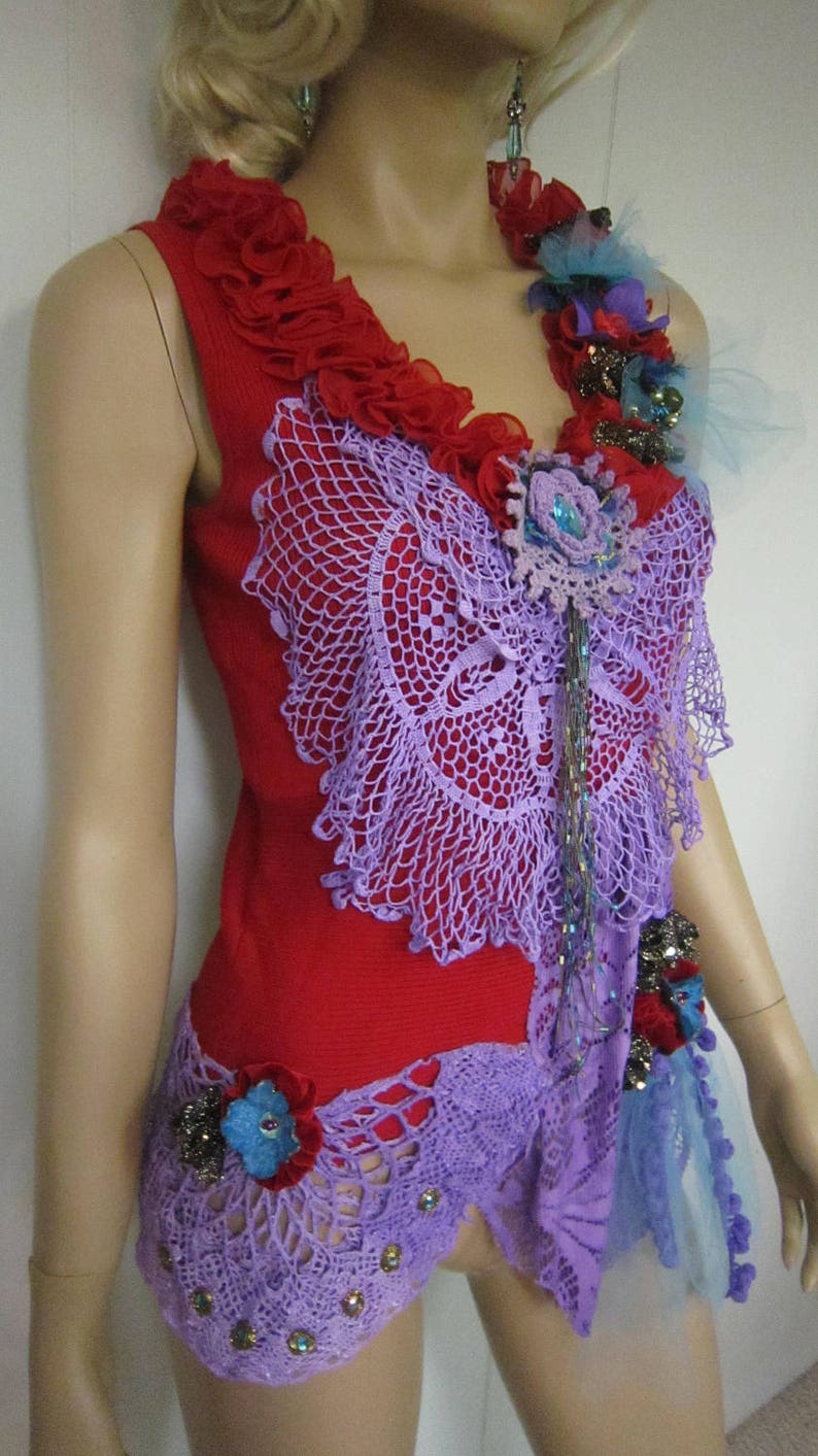 Unique Red Top Gypsy Vibrant Colors, Crochet Lace Art to Wear Rib Top Sequin Romantic Whimsy Top