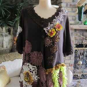 Art to Wear Sweater, Brown Shabby Chic, Boho, Embellished Top,  Autumn,  Woodland, Fantasy, Vintage Lace, Unique , Romantic.