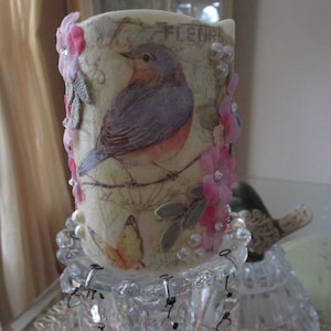 Flameless Shabby Chic Candle, Led Pillar Candle, Bird Decorative Candle,