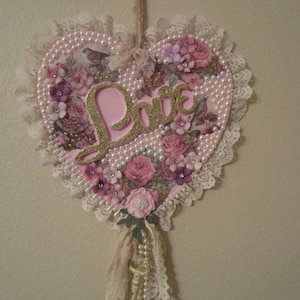 Shabby Chic Wooden Hanging Heart,  Home Decor, Hand Painted Pink Heart.