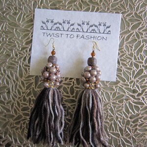 Boho Yarn Tassel Earrings: Brown Multi-Color Beaded Glam Earrings
