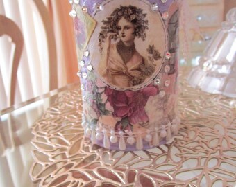 Shabby Chic PATCHWORK Decorative Can, Lavender Embellished Can, Recycled Can, Home Decor,