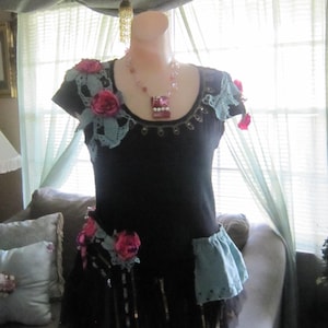 Whimsy Black & Turquoise Shabby Top , Art to Wear, Fairy Top, Festival Top,  Boho Tattered , Lace, Fantasy,  Romantic.
