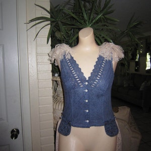 Bustle Tye Dyed Top,  Recycled Top, Tattered Top, Recycled Denim, Eyelet Top,  Lace Top, Embellished Top
