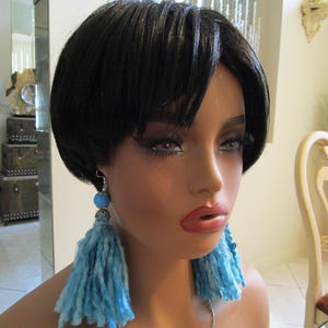 Aqua Yarn Tassel Earrings: Beaded Boho Statement Earrings