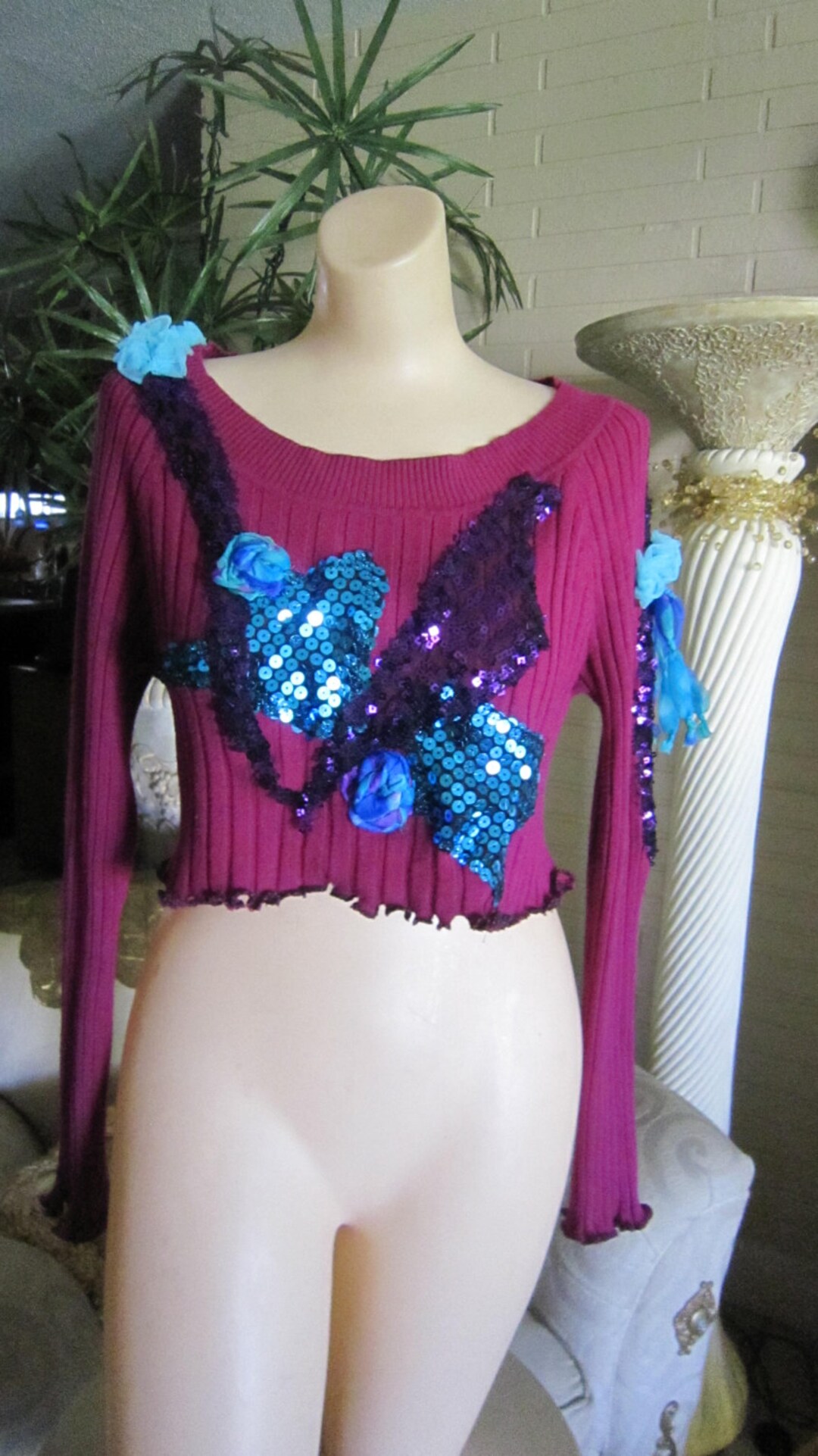 Raspberry Sequin Crop Top: Bohemian Embellished Sweater (size Medium ...
