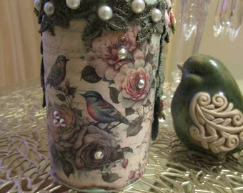 Shabby Chic Roses & Birds Decorative Can, Turquoise Embellished Can, Recycled Can, Home Decor,