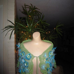 Crochet Olive and Turquoise Capelet, Shawl, Shabby Chic, Boho,  Wedding,  Fantasy, Fairy , Wrap,  Romantic.