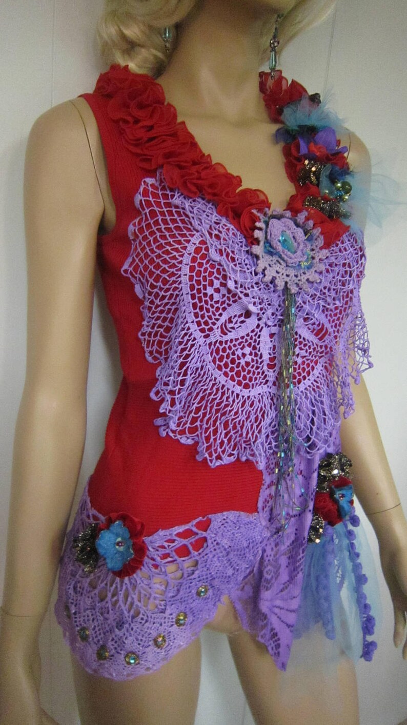 Unique Red Top Gypsy Vibrant Colors, Crochet Lace Art to Wear Rib Top Sequin Romantic Whimsy Top