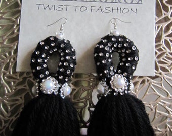 Tassel Earrings, Boho YARN Earrings, Romantic,  Glam Black Earrings, Large Earrings,  Hippie,