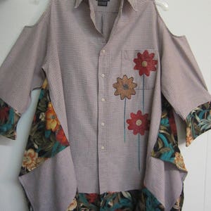 Art to Wear Cold Shoulder Tunic Top, Lagenlook Top, Upcycled, Reworked Shirt,  Unique, Boho Top, Romantic,  Size Med.