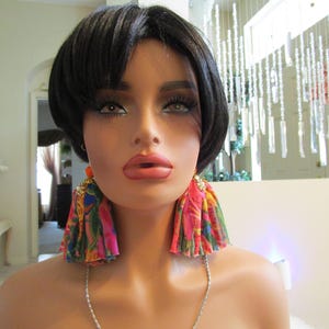 Multi Color Tassel Earrings: Fabric Yarn Fringe, Bold Statement Earrings