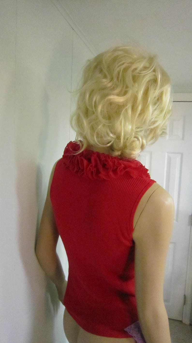 Unique Red Top Gypsy Vibrant Colors, Crochet Lace Art to Wear Rib Top Sequin Romantic Whimsy Top