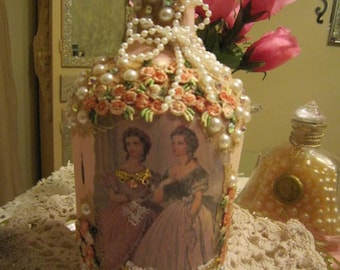 Shabby Chic Decorative Embellished Bottle, Whimsy Home Decor, Vintage 1800 Theme.