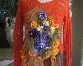 Crochet Orange Sweater Crop Top, Art to Wear, Shabby Chic, Boho,  Fantasy, Fairy ,  Romantic.