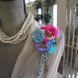Turquoise & Pink Embroidered Brooch, Art to Wear.