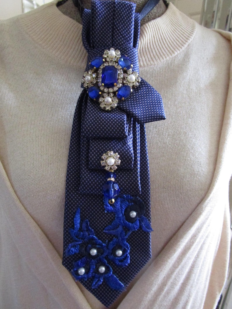 Upcycled Silk Necktie , Blue Fashion Necktie, Jeweled Statement Piece ...