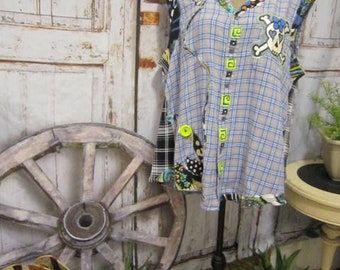 Upcycled Plaid Flannel Top: Sleeveless Patchwork with Skull