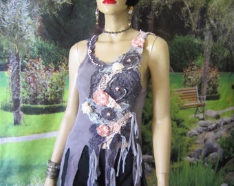 Shabby Boho Tank Top, Fairy Top, Reconstructed, Upcycled Top, Lace Top, Size Small.