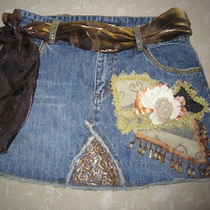 Bohemian girl, Shabby Chic ,Blue Denim, Tatterd Lace, Country Chic,, Romantic Embellished SKIRT, Cottage Chic.