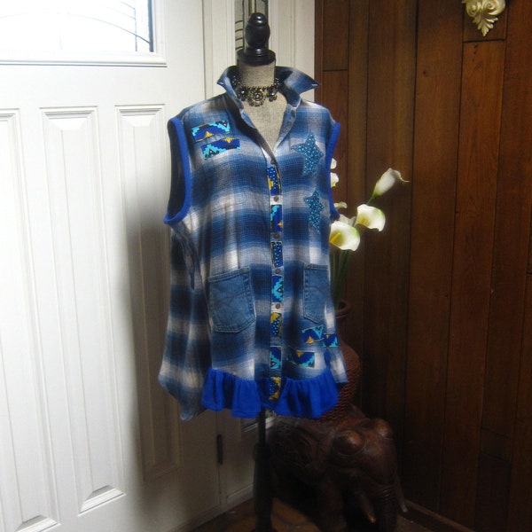 Plaid Flannel Tunic, Patchwork Tunic, Stars, Layered, Sleeveless Tunic, Reconstructed Top, Urban Street Wear.