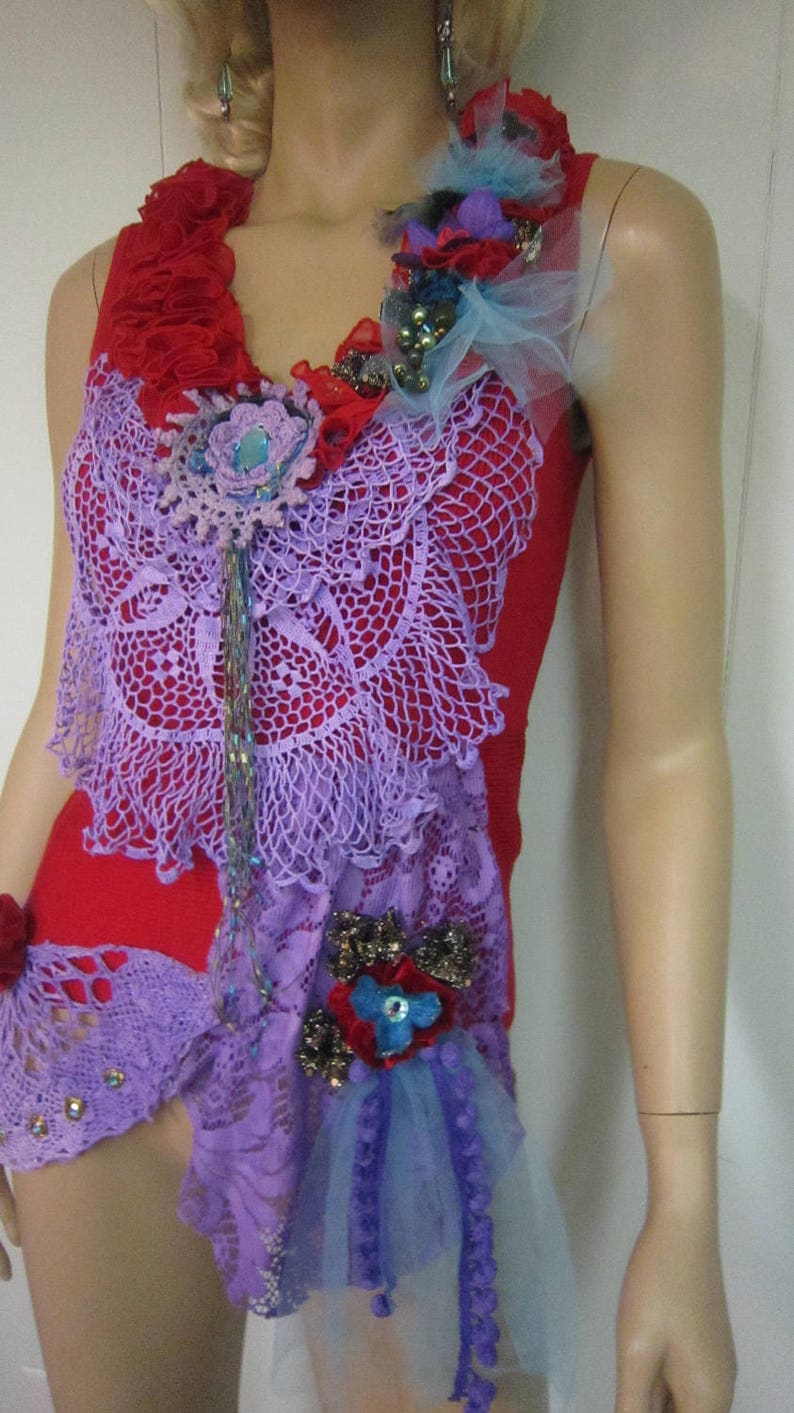 Unique Red Top Gypsy Vibrant Colors, Crochet Lace Art to Wear Rib Top Sequin Romantic Whimsy Top