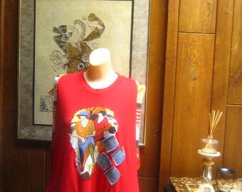 Upcycled Red Art Tunic Top: Layered Boho Plus Size