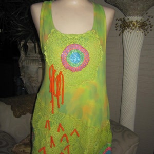 Hand Painted Patch Work, Tank Top, Shabby Chic,  Upcycled Tank Top, Art To Wear, FUNKY,  Embellished Top, Boho Chic.