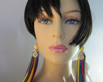 Multi Color Fabric Tassels Earrings,  Boho Earrings, Romantic, Long Earrings,  Hippie,
